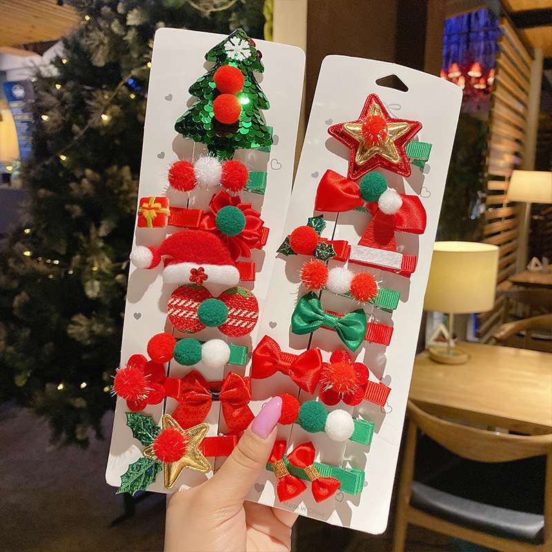 Hot Selling 10pcs/set Christmas Hair Accessories Cute Bow Christmas Tree Hair Clips Set For Kids