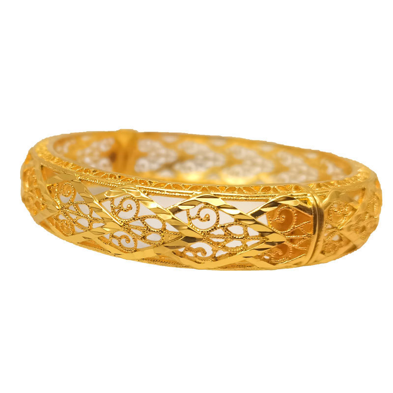 Classic Dubai Gold Wide African Wedding Bangle Bracelet Vintage Carved Flower Vietnam 18k Gold Bride Bracelet Jewelry