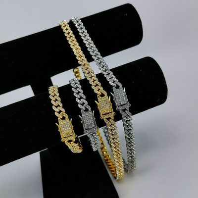 Hip Hop Gold Plated Pull Diamond Chunky Cuban Chain Necklace Bracelet No Fade Stainless Steel Miami Cuban Link Chain Jewelry Set