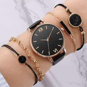 Ins Fashion 5PCS/Set Pu Leather Watchband Quartz Watches Bracelet Set Gold Plated Beaded Bracelets Watch Gift Set For Women