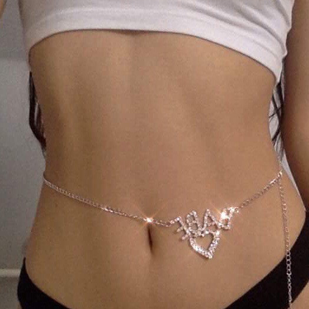 Fashion Jewelry Babe Letters Heart Belly Chain Adjustable Micro Pave Bling Glitter Rhinestone Waist Chain For Women