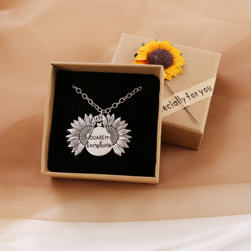 Vintage 18K Real Gold Plated Engraved YOU ARE MY SUNSHINE  Flower Pendant Necklace Silver Rose Gold Sunflower Pendant Necklace