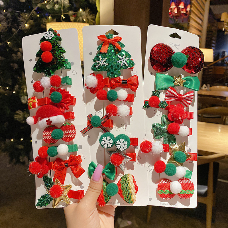 Hot Selling 10pcs/set Christmas Hair Accessories Cute Bow Christmas Tree Hair Clips Set For Kids