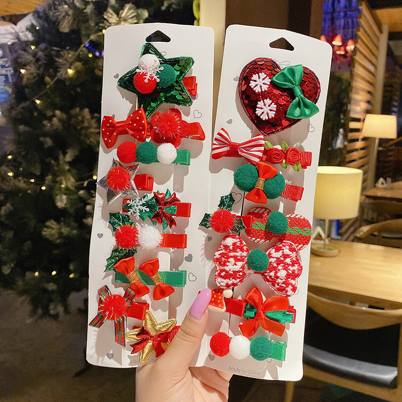 Hot Selling 10pcs/set Christmas Hair Accessories Cute Bow Christmas Tree Hair Clips Set For Kids