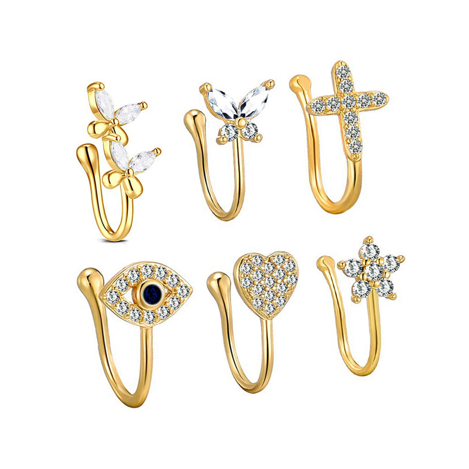 Hot Sale 18K Gold Plated Rhinestone Heart Clip On Nose Cuff Non Piercing Butterfly Cross Evil Eyes Nose Rings