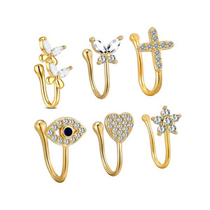 Hot Sale 18K Gold Plated Rhinestone Heart Clip On Nose Cuff Non Piercing Butterfly Cross Evil Eyes Nose Rings