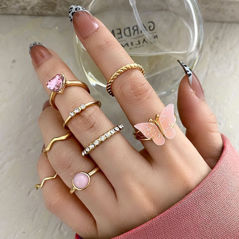 Hot Sale 8Pcs/Set Resin Butterfly Knuckle Rings Women 18K Gold Plated Crystal Heart Finger Rings Sets