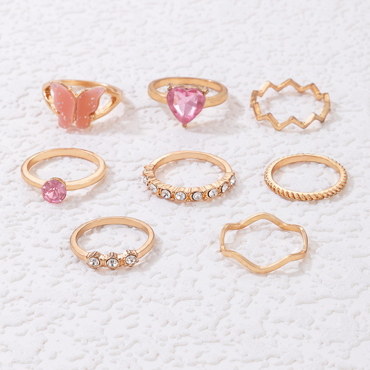 Hot Sale 8Pcs/Set Resin Butterfly Knuckle Rings Women 18K Gold Plated Crystal Heart Finger Rings Sets