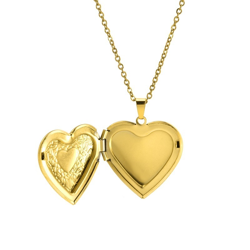 Custom Jewelry 18K Gold Plated Heart Oval Link Chain Necklace No Fade Stainless Steel Love Heart Photo Album Locket Necklace