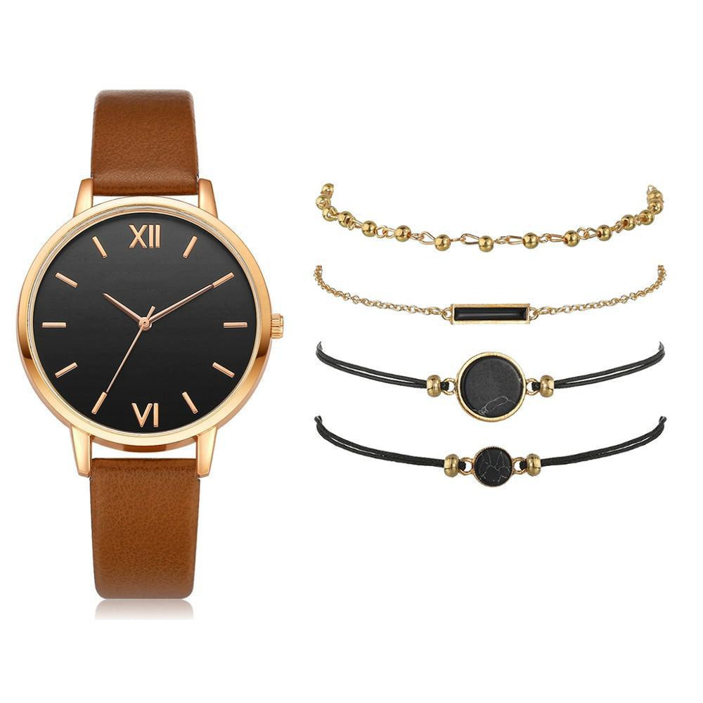 Ins Fashion 5PCS/Set Pu Leather Watchband Quartz Watches Bracelet Set Gold Plated Beaded Bracelets Watch Gift Set For Women