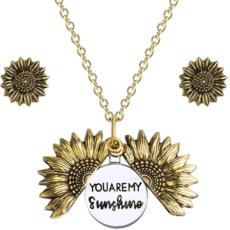 Vintage 18K Real Gold Plated Engraved YOU ARE MY SUNSHINE  Flower Pendant Necklace Silver Rose Gold Sunflower Pendant Necklace