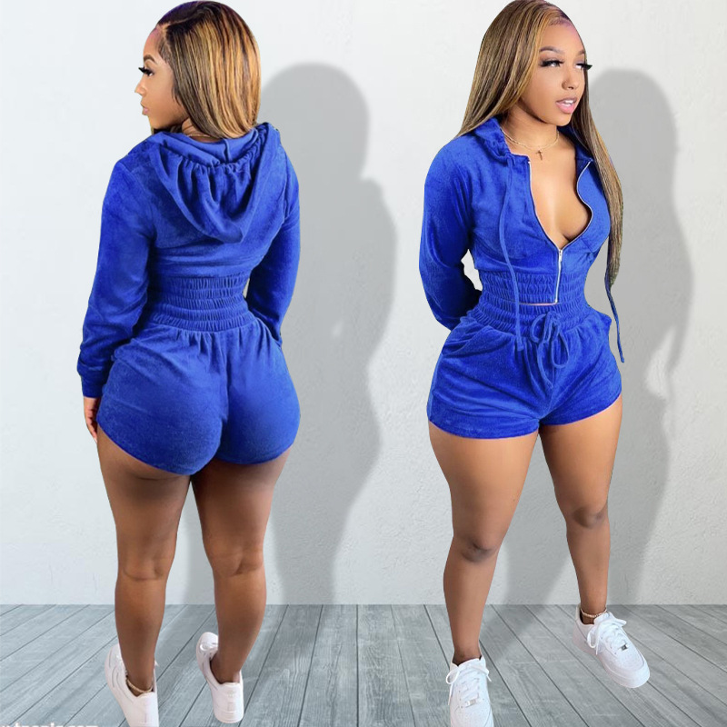 Free Shipping In Stock Women Biker Short Sets 2 Piece Set Clothing Zipper Hoodie Women Crop Tops Two Piece Set Clothing