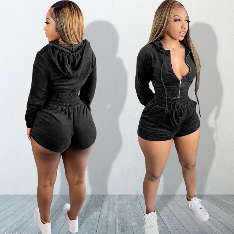 Free Shipping In Stock Women Biker Short Sets 2 Piece Set Clothing Zipper Hoodie Women Crop Tops Two Piece Set Clothing