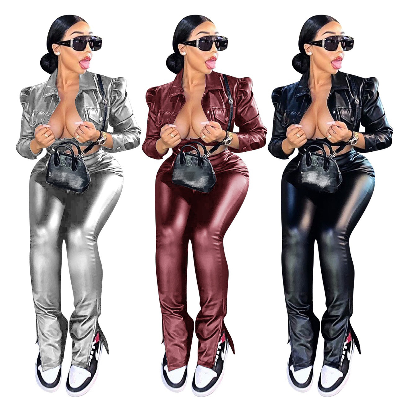 PU Leather two pieces pants set turn down collar jacket pencil pants night club streetwear tracksuit bodysuit skinny pants