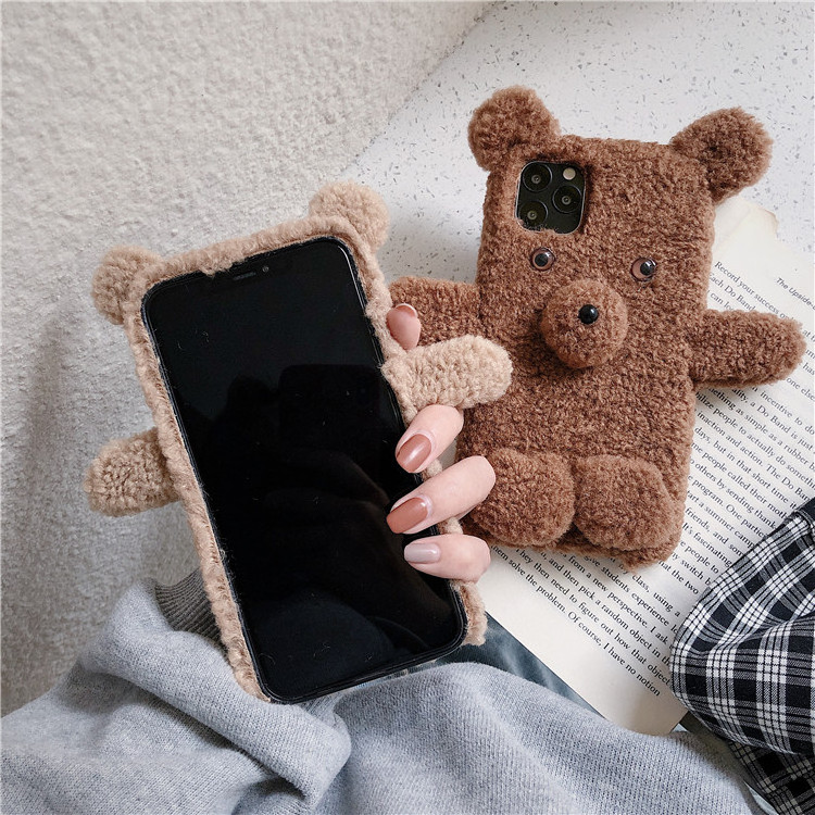 Fluffy Furry Cartoon Teddy Bear Brown Cell Phone Case Cover for iphone 7 8 Plus X XR XS Max 11 Pro Max