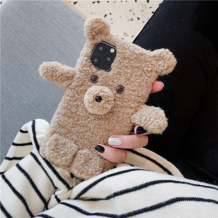 Fluffy Furry Cartoon Teddy Bear Brown Cell Phone Case Cover for iphone 7 8 Plus X XR XS Max 11 Pro Max