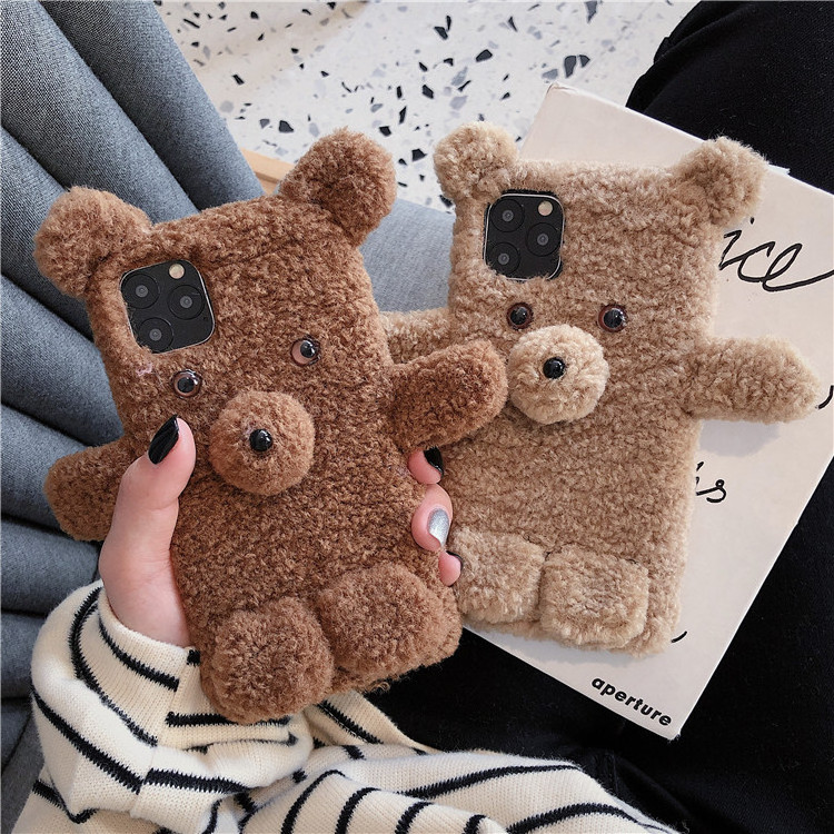 Fluffy Furry Cartoon Teddy Bear Brown Cell Phone Case Cover for iphone 7 8 Plus X XR XS Max 11 Pro Max