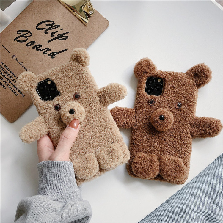 Fluffy Furry Cartoon Teddy Bear Brown Cell Phone Case Cover for iphone 7 8 Plus X XR XS Max 11 Pro Max