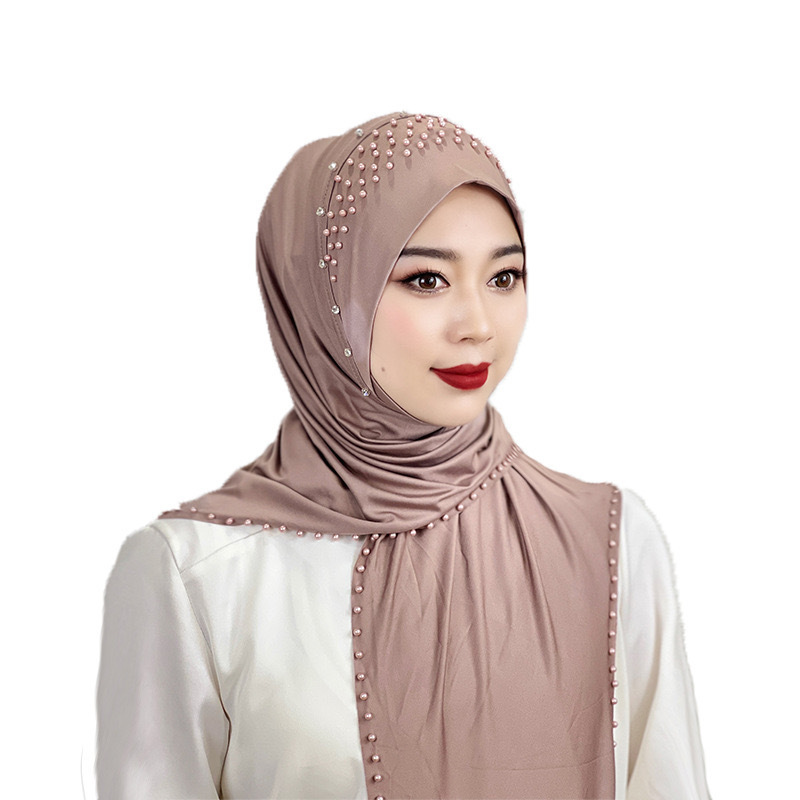 2024 new design Convenient Pullover Hat Beaded Scarf Hundred Polyester Plain Spray Flower Wholesale Malay Muslim woman hijab