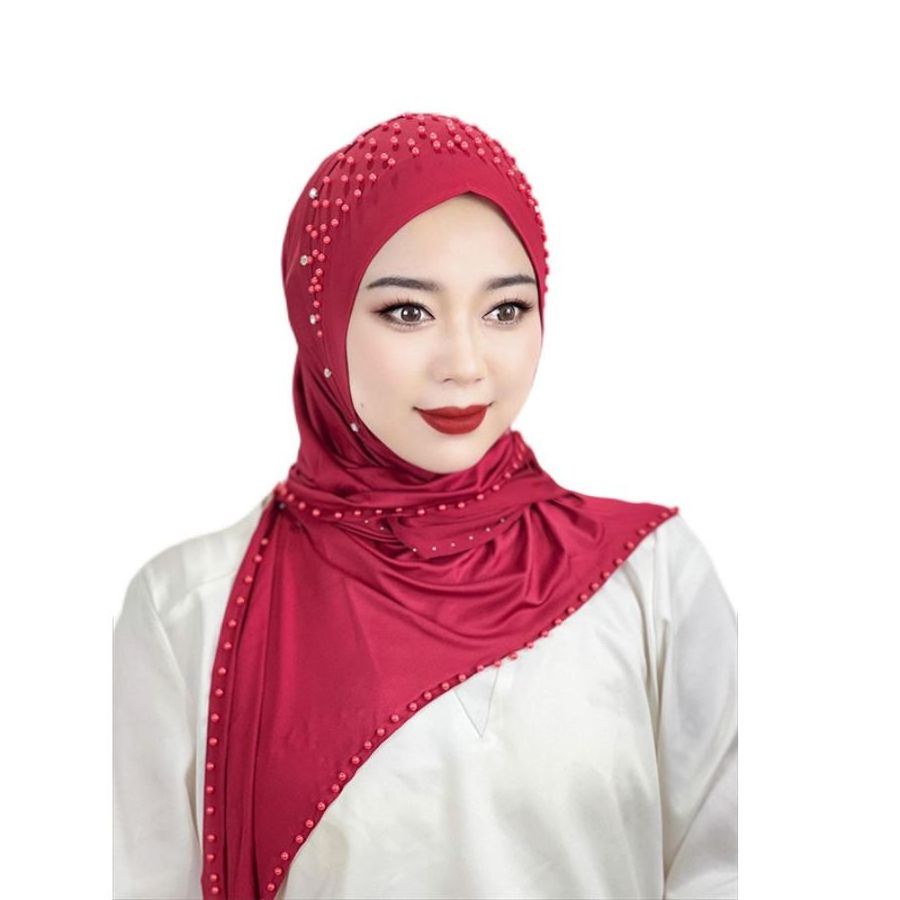 2024 new design Convenient Pullover Hat Beaded Scarf Hundred Polyester Plain Spray Flower Wholesale Malay Muslim woman hijab