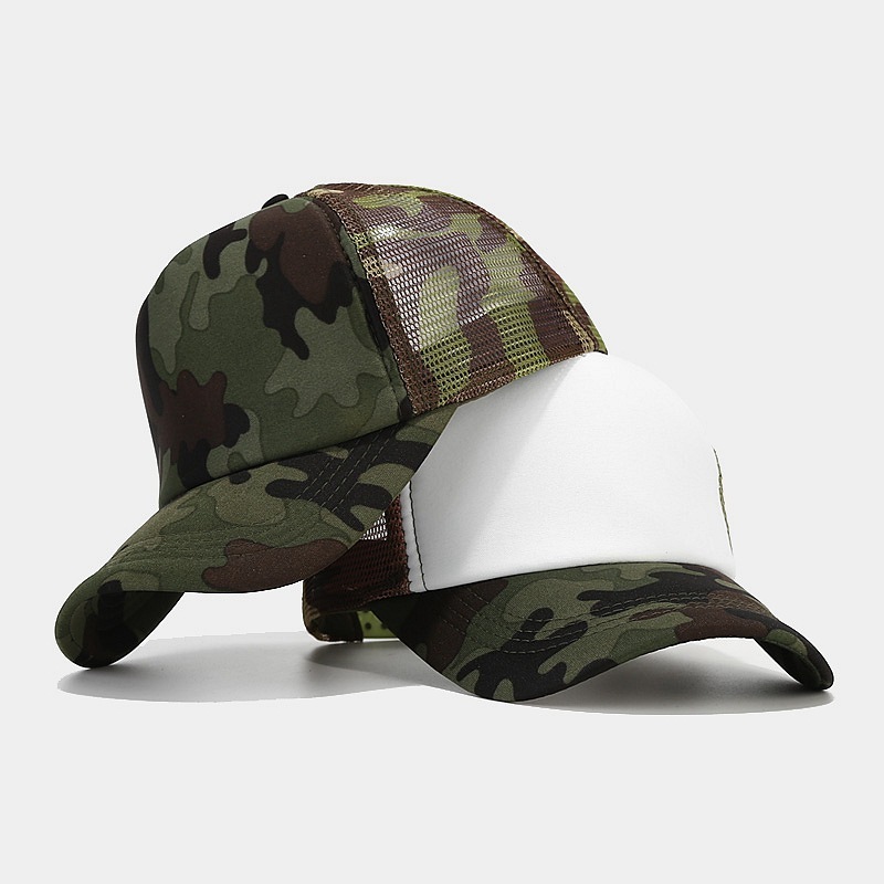 Hotsale unisex custom logo camo curved brim 5 panel casual adjustable breathable mesh hat foam baseball trucker cap for outdoor