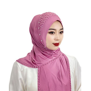 2024 new design Convenient Pullover Hat Beaded Scarf Hundred Polyester Plain Spray Flower Wholesale Malay Muslim woman hijab