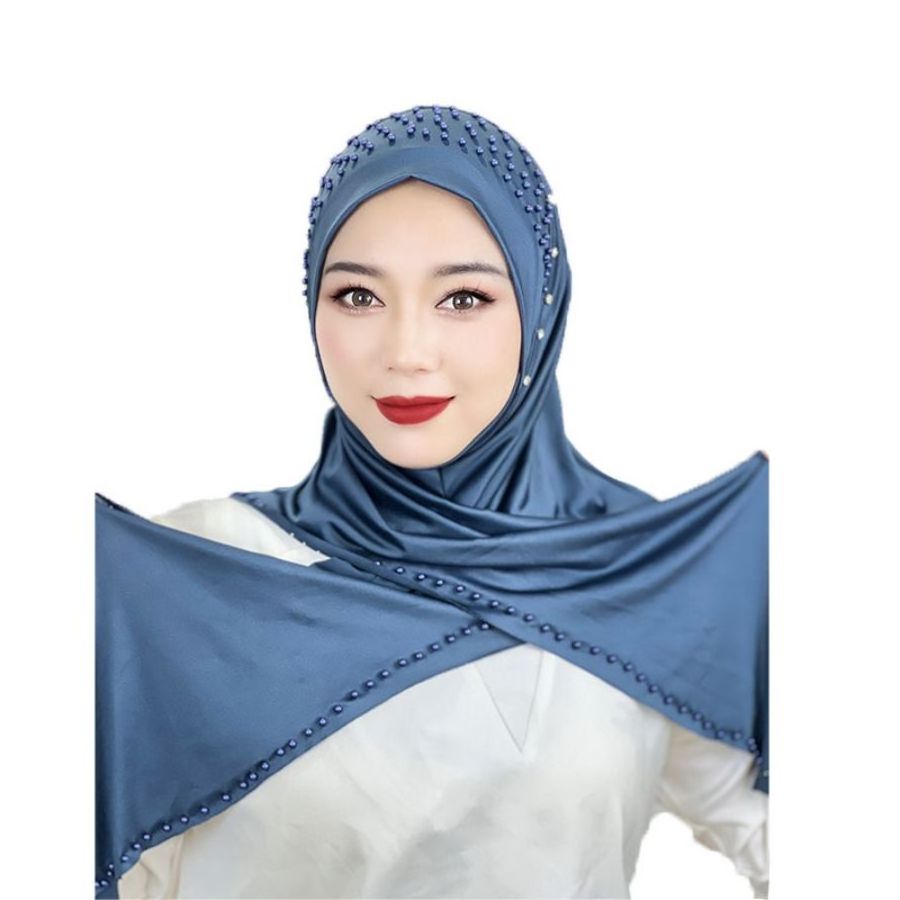 2024 new design Convenient Pullover Hat Beaded Scarf Hundred Polyester Plain Spray Flower Wholesale Malay Muslim woman hijab