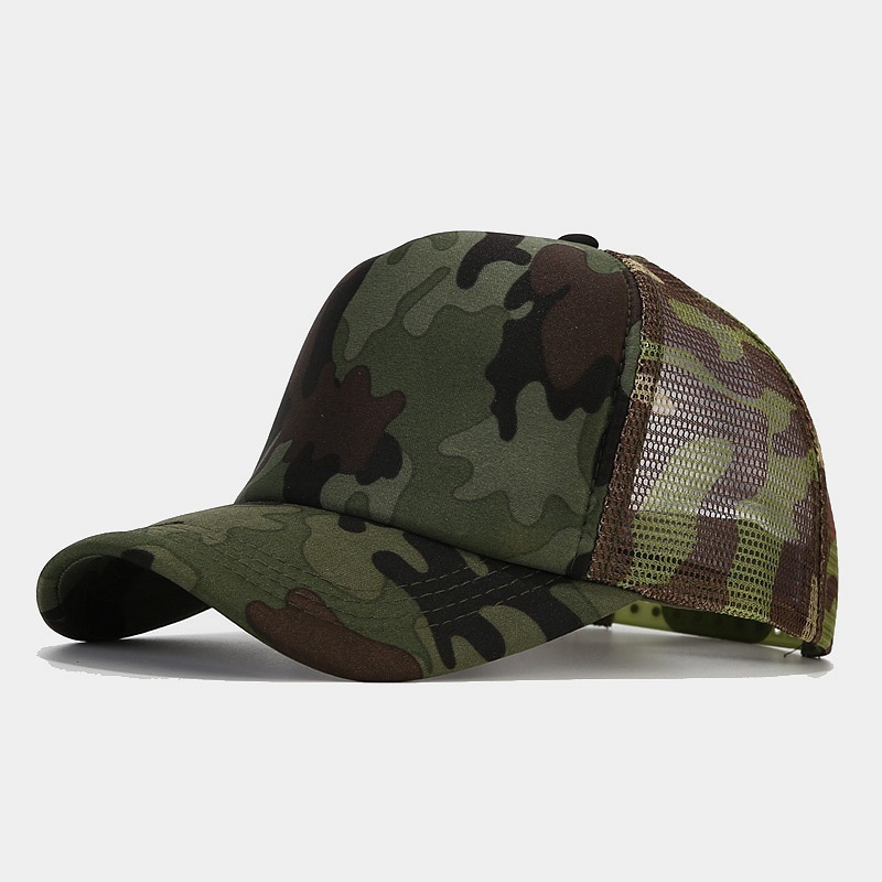 Hotsale unisex custom logo camo curved brim 5 panel casual adjustable breathable mesh hat foam baseball trucker cap for outdoor