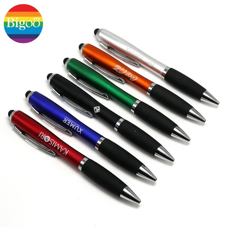 Plastic stylus ballpoint pen with laser logo printing led light inside multi-functional ball point pen for promotional