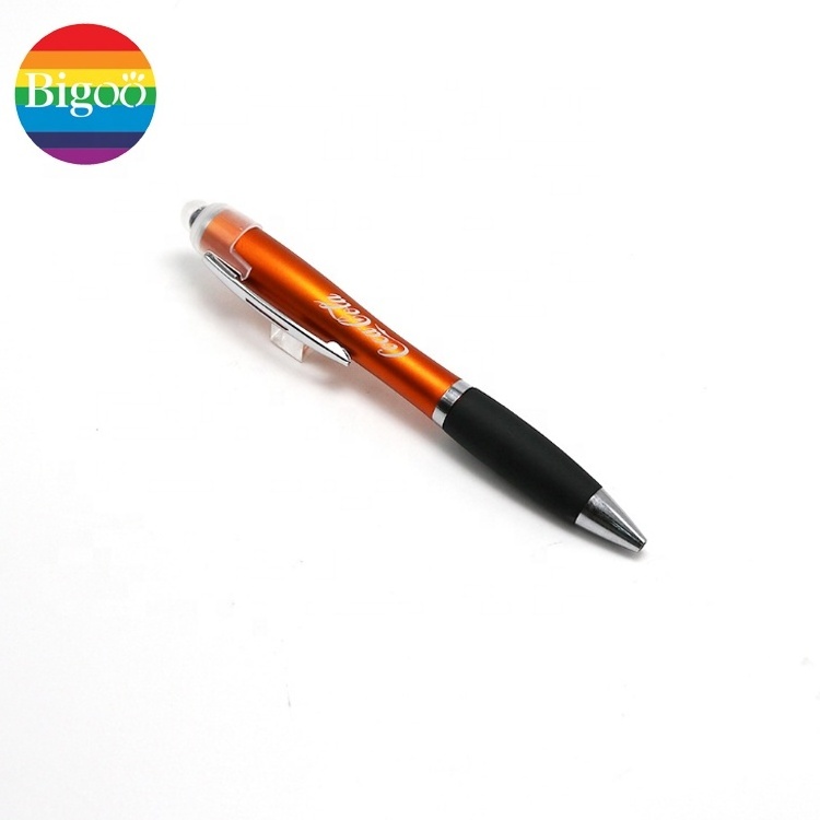 Plastic stylus ballpoint pen with laser logo printing led light inside multi-functional ball point pen for promotional