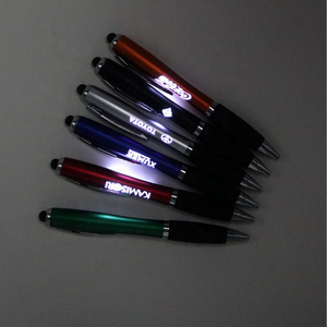 Plastic stylus ballpoint pen with laser logo printing led light inside multi-functional ball point pen for promotional