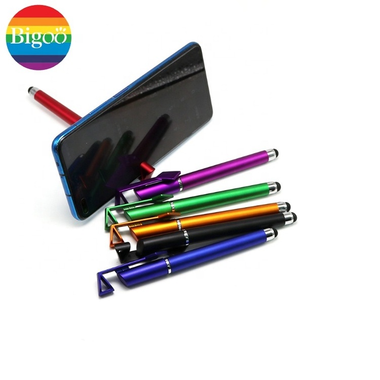 Metallic pure cheap ball point pen with customized QR code stylus mobile phone holder pen for promotion or gift