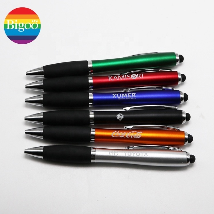 Plastic stylus ballpoint pen with laser logo printing led light inside multi-functional ball point pen for promotional