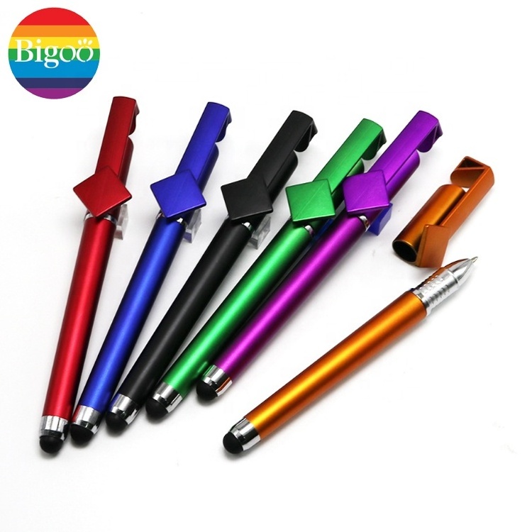 Metallic pure cheap ball point pen with customized QR code stylus mobile phone holder pen for promotion or gift