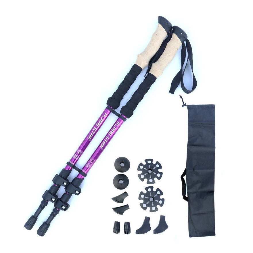 High Quality 7075 Aluminium Alloy Hiking Stick Rubber Grip 4 Sections Telescopic Trekking Pole Outdoor Walking Stick Cane