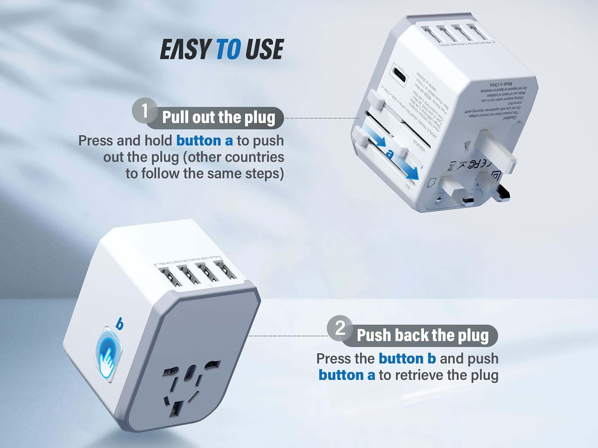 Universal Travel Adapter One International Wall Charger AC Plug Adaptor with Smart Power and USB Type-C for USA EU UK AUS