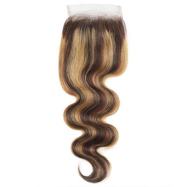 P4/27 highlight color 4*4 transparent lace closure body wave with hair bundles for black women