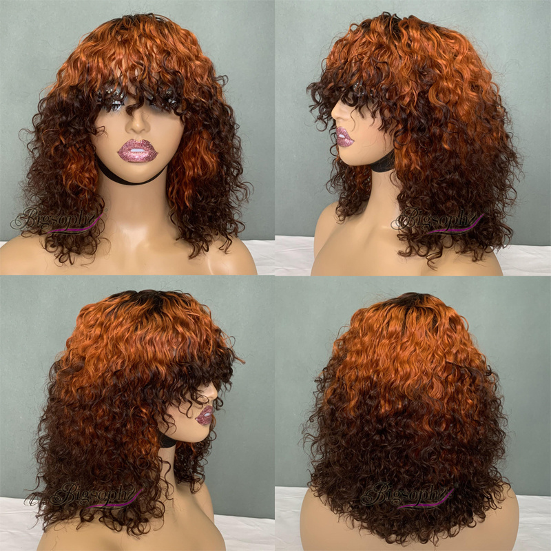 Machine Make Luxury Curl T1B 30 Color No Lace Bob Bangs Wigs For Woman Best Selling 100% Human Hair Wig