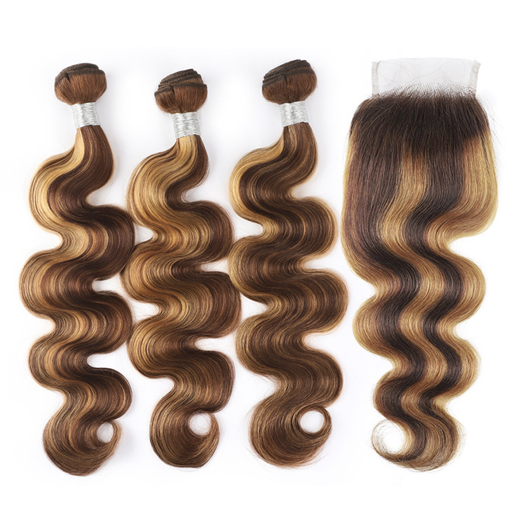 P4/27 highlight color 4*4 transparent lace closure body wave with hair bundles for black women