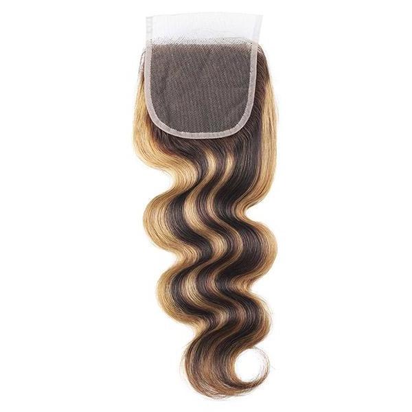 P4/27 highlight color 4*4 transparent lace closure body wave with hair bundles for black women