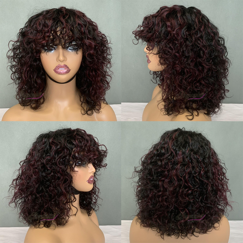 Curly Wig Fringe Luxury Machine Made Wig Piano 1B/99J Color SDD 100% Human Hair Bob Wigs For Black Ladies