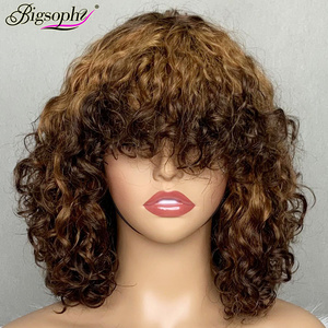 RTS Cheap Price Luxury Curl Bob Wig With Bangs Machine Made Wigs For All Women Brazilian Curly Human Hair Wigs