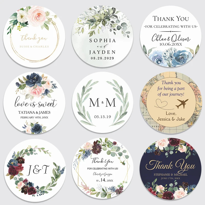 Personalized circular label stickers  customized name date stickers thank you for the benefits of bridal shower parties