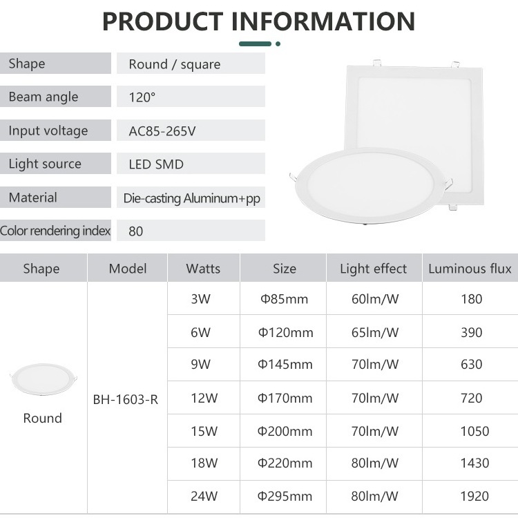 Factory Sale Ultra Thin Recessed Indoor Square Round Aluminum 3w 6w 9w 12w 15w 18w 24w Smd Led Slim Panel Light