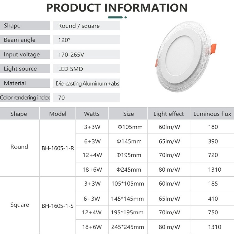 Commerical Indoor Lighting Double Color 3+3w 6+3w 12+4w 18+6w Smd Round RGB Slim Ceiling Led Panel Light