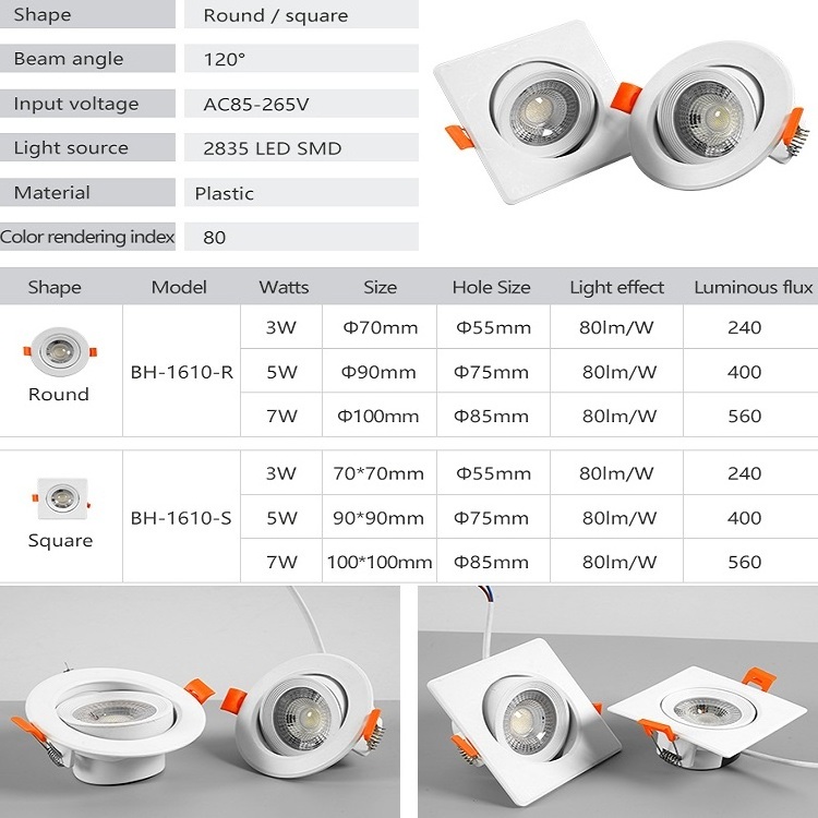 Indoor Home Lighting Adjustable Ceiling Recessed Spotlight 3w 5w 7w SMD Spot Down Light Round Square Led Downlight