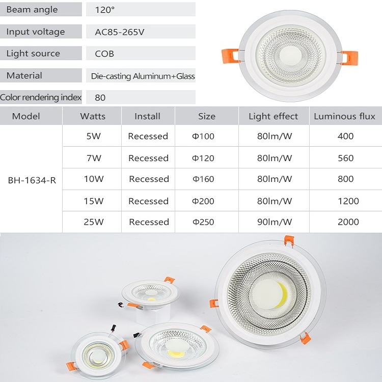 New Arrival Product Single Two Colors Optional Recessed Mounted Downlight 5w 7w 10w 15w 25w COB Led Glass Down Light