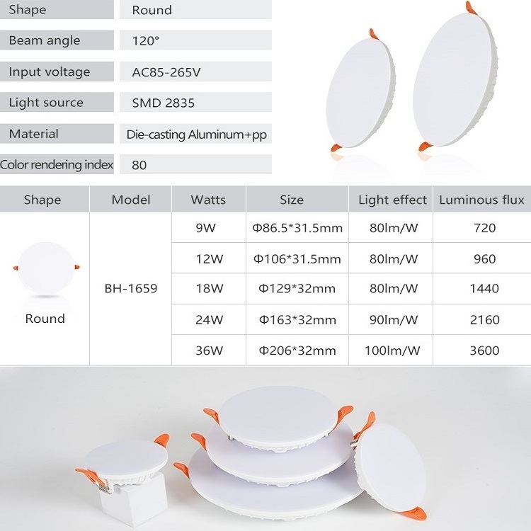 Commercial Household 9w 12w 18w 24w 36w Ceiling Recessed Down Light SMD Round Led Frameless Downlight