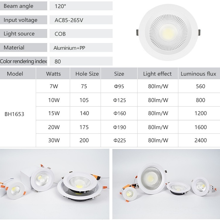 Home Office Indoor Ceiling Down Light Round 7w 10w 15w 20w 30w Recessed Embedded Mounted COB Led Downlight