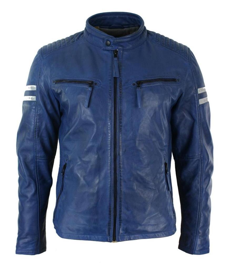 Men's Slim Fit Genuine Leather Jacket, Biker Racing Blue Stripes Vintage Jackets Custom design Fashionable